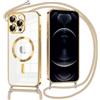 Oelrstfe Magnetica Cover per iPhone 12 Pro 6.1 con Cordino Regolabile, Compatibile con MagSafe,Trasparente Custodia con Collana Tracolla Laccio Collo TPU Silicone Lanyard Case Antiurto, Oro