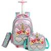 Egchescebo Zaino con Rotelle Bambina Trolley Unicorno Zainetto Asilo Scuola Elementare Primaria 17" 3PCS Borsa Pranzo Portamatite Media Carrello Valigia Ragazza per Valigia da Viaggio Perline Rosa