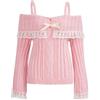 Sumleno Donne Off Spalla Maglione Top Y2K Estetica Manica Lunga Pizzo Trim Knit Pullover Maglione Cutecore Vestiti Kawaii, Spalle Scoperte Rosa, S