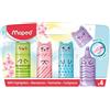 Maped - Set di 4 Mini Evidenziatori Pastello - Formato tascabile originale a forma di personaggi kawaii - Colori tenui: verde, blu, rosa e viola