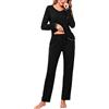 Litherday Pigiama Donna Invernale Cotone 95% Due Pezzi con Maglia Manica Lunga Scollo a V in Pizzo e Pantaloni Lunghi con Tasche Ropa da Casa Morbido Nero M