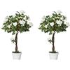 Outsunny Set 2 Alberelli di Rose Finte, Pianta Artificiale Alta 90cm con 21 Fiori e Vaso per Interno ed Esterno, Bianco e Verde