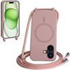 FMPCUON FNPCUON Cover Magnetica Silicone per iPhone 16 Plus con Cordino,Compatibile con MagSafe,Custodia con Laccio Collana Tracolla Collo Sottile TPU Antiurto Protettiva Case con Corda.Rosa