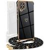 YAMCCCSE Cover per Samsung Galaxy A12 / M12 con Collana Amore Cuore Custodia per Silicone Sottile Laccio Tracolla Case con Protezione Fotocamera Dorata Placcatura Cornice Paraurti, Nero