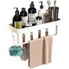 Biutimarden Mensola da Doccia Senza Foratura Multifuncional con 5 Ganc e 1 Porta Asciugaman Aluminio Montaggio a Parete Organizer Bagno Mensole Per Bagno e Cucina(40CM Bianco)