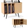 KOMFOTTEU Supporto per giradischi con stazione di ricarica, mobile per dischi in vinile con 3 ripiani aperti e armadio con porta in rattan, tavolino ausiliario per album con ripiano regolabile