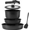 MSMK Set di 6 pentole in ceramica antiaderente grigio, comprende: padella 24 cm, padella 28 cm, casseruola 20 cm con manico removibile, coperchio in vetro, spatola. Utilizzabile in forno e lavastoviglie