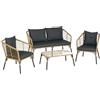Outsunny Set Mobili da Giardino in Rattan 4 Pezzi, Salotto da Giardino Esterno con Divanetto 2 Posti, 2 Poltrone con Cuscini e Tavolino con Piano in Vetro con Piedi Regolabili, Marrone e Grigio Scuro