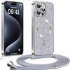 Phoona Glitter Cover per iPhone 15 Pro 6,1 con Cordino, Antiurto Silicone Protezione, Compatibile con MagSafe Cover con Cordino, Anti Graffi, Non Ingiallente, Argento