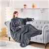 Aisbo Plaid Felpa Coperta con Maniche - Pigiama Oversize Coperta Indossabile Donna e Uomo Flanella Regalo Compleanno Natale Donna TV Blanket (Grigio,150x200cm)