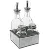 Equinox 529985 Set per condimenti per insalata: 1 olio, 1 aceto, 1 sale, 1 pepe in vetro trasparente e tappo in acciaio inossidabile con supporto in zinco. Set per condimenti per insalata da 4 pezzi