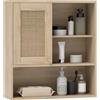 HOMCOM Pensile, pensile da bagno con anta scorrevole in rattan e ripiani aperti, pensile da bagno in stile bohémien, pensile sospeso, 60 x 20 x 65 cm, legno naturale