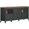 trendteam smart living - Stanton - Credenza - Verde scuro/Rovere - Armadio con 2 ante e 3 cassetti completamente estraibili - Vetrina con maniglie a conchiglia nere - 185 x 86 x 45 cm - Stile rustico