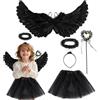 Huahuanghui Costume da Angelo per bambini,Bambina-set da Angelo,Ali -Bacchetta - Cerchietto - Tutu,Cosplay di Carnevale di Halloween (Nero)