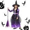 NCKIHRKK Vestito Strega Halloween per Bambina, Halloween Costume de Strega con Cappello, Scopa, Cintura, Vestiti Halloween Carnevale per Bambina 7-8 Anni