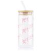 Yukaiwn Set di tazze in vetro con fiocco, 473,6 ml, rosa, carine, con cannuccia di vetro e coperchio in legno, eleganti tazze da caffè trasparenti, regalo estetico per donne, ragazze e amiche (fiocco