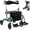 RELAX4LIFE 2 in 1 Deambulatore per Anziani, Sedia a Rotelle, Deambulatore con Seduta e 4 Ruote, Rollator Pieghevole in Alluminio Leggero, Portata Massima 136 KG (Blu, 104 x 52 x 85-98 cm)