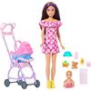 Barbie - Skipper Babysitter, set con bambola bruna, bebè dai capelli biondi e passeggino con seggiolino per auto rimovibile, 7 accessori inclusi, 3+ anni, JJB42