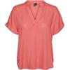 VERO MODA Top da Donna Stile Casual con Scollo a V e Polsini arrotolati, Camicia a Maniche Corte, Colore:Rosa Corallo, Taglia:L