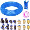 HUAZIZ Tubo Pneumatico in Poliuretano Blu da 10 m, Tubo Pneumatico in Poliuretano da 5/16 Pollici, Diametro Esterno 8-mm con 14 Connettori Pneumatici +1 Taglierino per Tubi +1 Rotolo di Nastro Adesivo