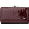 Karoukee Portafoglio Donna in Vera Pelle Verniciata - Borsellino Piccolo con Texture Effetto Coccodrillo - Portamonete con 8 Tasche Carte + Finestra ID/Foto + Tasca a Chiusura a Bacio - Rosso Vino