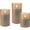 goobay Set di 3 candele LED in vetro, colore trasparente dorato, con timer e stoppino 3D, candele in vetro per decorazioni eleganti, funzionano a batterie, 77756