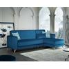 Dmora Divano Letto con penisola Miguel, Divano Contenitore ad Angolo con 3 Cuscini, Sofà in Tessuto con Apertura Click-clack, 225x151h84 cm, Blu