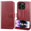 Lensun Custodia per iPhone 14 Pro Max, Cover in Vera Pelle [RFID Blocking] Slot Schede Portafoglio Chiusura Magnetico Flip Custodie Cuoio per Telefono iPhone 14 Pro Max - Vino Rosso