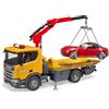 BRUDER SPIELWAREN BRUDER Scania Super 560R Carro Attrezzi con Modulo Luci e Suoni e Roadster , da Costruzione, Gru e Piattaforma Abbassabile