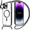 Oelrstfe Magnetica Cover per iPhone 14 Pro 6.1 con Cordino Regolabile, Compatibile con MagSafe,Trasparente Custodia con Collana Tracolla Laccio Collo TPU Silicone Lanyard Case Antiurto, Nero