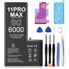 Dinow Batteria per iPhone 11 Pro Max, 6000mAh Batterie Sostitutive agli Li-ion di litio ad alta Capacità, per iPhone 11 Pro Max Batteri (Modelli Comp A2218,A2161,A2220) con Kit di Strumenti di Riparazione