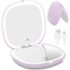 wobsion Specchio Portatile con Luce Led per Trucco,USB Ricaricabile Specchietto da Viaggio 10X / 1X ingranditore,Regolabile Luminosità Mirror da Borsetta,a Specchi illuminato Bifacciale e 750mAh,Viola