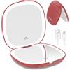 wobsion Specchio Portatile con Luce Led per Trucco,USB Ricaricabile Specchietto da Viaggio 10X / 1X ingranditore,Regolabile Luminosità Mirror da Borsetta,a Specchi illuminato Bifacciale e 750mAh,Rosso
