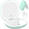 wobsion Specchio Portatile con Luce Led per Trucco,USB Ricaricabile Specchietto da Viaggio 10X / 1X ingranditore,Regolabile Luminosità Mirror da Borsetta,a Specchi illuminato Bifacciale e 750mAh,Verde