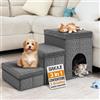 BAKAJI Scale per Cani e Gatti 3in1 Pieghevole in Velluto Trapuntato Grigio Scuro, Scala per Animali Domestici Multifunzione Vano Contenitore e Cuccia Casetta, Gradini Ergonomiche con Fondo Antiscivolo