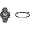 Fossil orologio da uomo Nate Grigio in acciaio inossidabile e bracciale Ellis Black in pietra semipreziosa, set