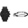 Fossil orologio da uomo Nate in pelle nera e bracciale Ellis in acciaio inossidabile color argento, set