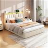 Avernest Letto matrimoniale per adulti con cassapanca in velluto bianco sporco con chiodi decorativi, letto imbottito doppio con funzione idraulica per adulti e giovani (140 x 200 cm)