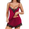 LUSLOVE Pigiama sexy da donna, corto, estivo, set di biancheria da notte, 2 pezzi, con pizzo, blu marino, L