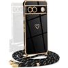 YAMCCCSE Cover per Google Pixel 7a con Collana Amore Cuore Custodia per Silicone Sottile Laccio Tracolla Case con Protezione Fotocamera Dorata Placcatura Cornice Paraurti, Nero