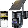 Abiso 4K - Telecamera di sorveglianza WiFi esterna senza fili con doppio obiettivo, 2.4/5 GHz,360° PTZ Telecamera interna, monitoraggio automatico, con pannello solare, colore notturno, sirena, audio