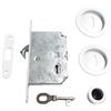 DACAN PROTECTION Kit Tondo con Serratura e Chiave per Porte Scorrevoli - Zama, Foro Ø48mm, Maniglia con Serratura, 2 Vaschette + Ditale di Trascinamento - Design Moderno, Sicuro e Facile da Installare (Bianco)