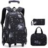 TRAVELKNOT 3pcs Zaino Scuola Elementare Bambino Trolley Zaino Scuola Ruote Media Cartella Bambino Trolley Zainetto Bambini Zaini PC Portatili Valigeria Ragazze Nero Galexy 31x16x45cm