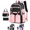 Generic Elegante set di 3 zaini per la scuola per ragazze, zaino impermeabile e leggero con borsa per il pranzo e astuccio, zaino in nylon di grande capacità per ragazze adolescenti, scuola e viaggi, A-nero