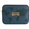 WONDEE Mr. Wonderful - Custodia universale fino a 11 con motivo mappamondo su sfondo blu marino e tipografia Take Me Anywhere with You, imbottita e rinforzata con cerniera