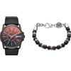 Diesel orologio da uomo Master Chief in pelle nera e bracciale semiprezioso, set