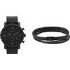 Fossil orologio da uomo Nate in pelle nera e bracciale in acciaio inossidabile Townsman, set