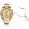 Diesel orologio da uomo Mega Chief in acciaio inossidabile color oro e collana color argento, set