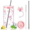 TUZELIYA Bicchiere in vetro da 500 ml, con coperchio e cannuccia, elegante regalo per ragazze e migliore amica, design con fiocco rosa, per caffè, frullati e cocktail
