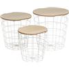 DRW Set di 3 tavolini in metallo e MDF in bianco e naturale